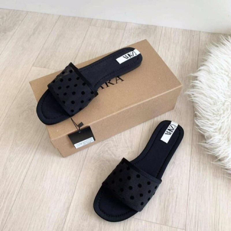 Sandal Flat Wanita Import Zara Selop Gauze Polkadot Flat Sandal ZS111