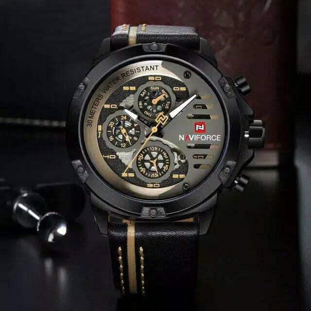 Jam Tangan Pria Naviforce 9110 Hitam Chronograph Strap Kulit Original