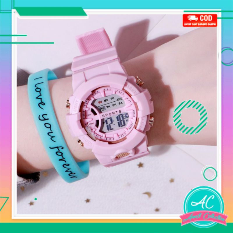 Jam tangan digital unisex rubber sport pria wanita bisa alarm dan nyala lampu led