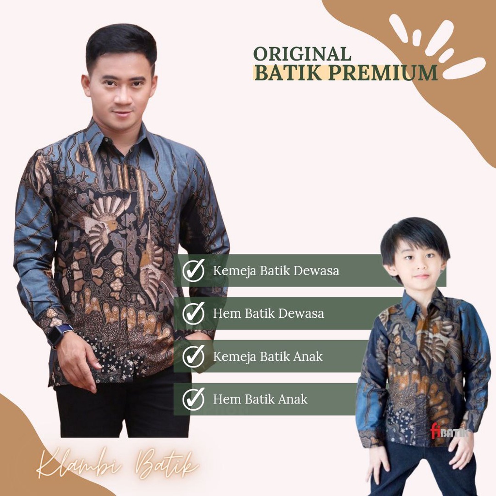 Kemeja Batik Pria Lengan Panjang Motif Manuk Tarung Warna Abu-abu Dan Merah // Couple Batik Ayah Dan Anak Laki-laki Lengan Panjang