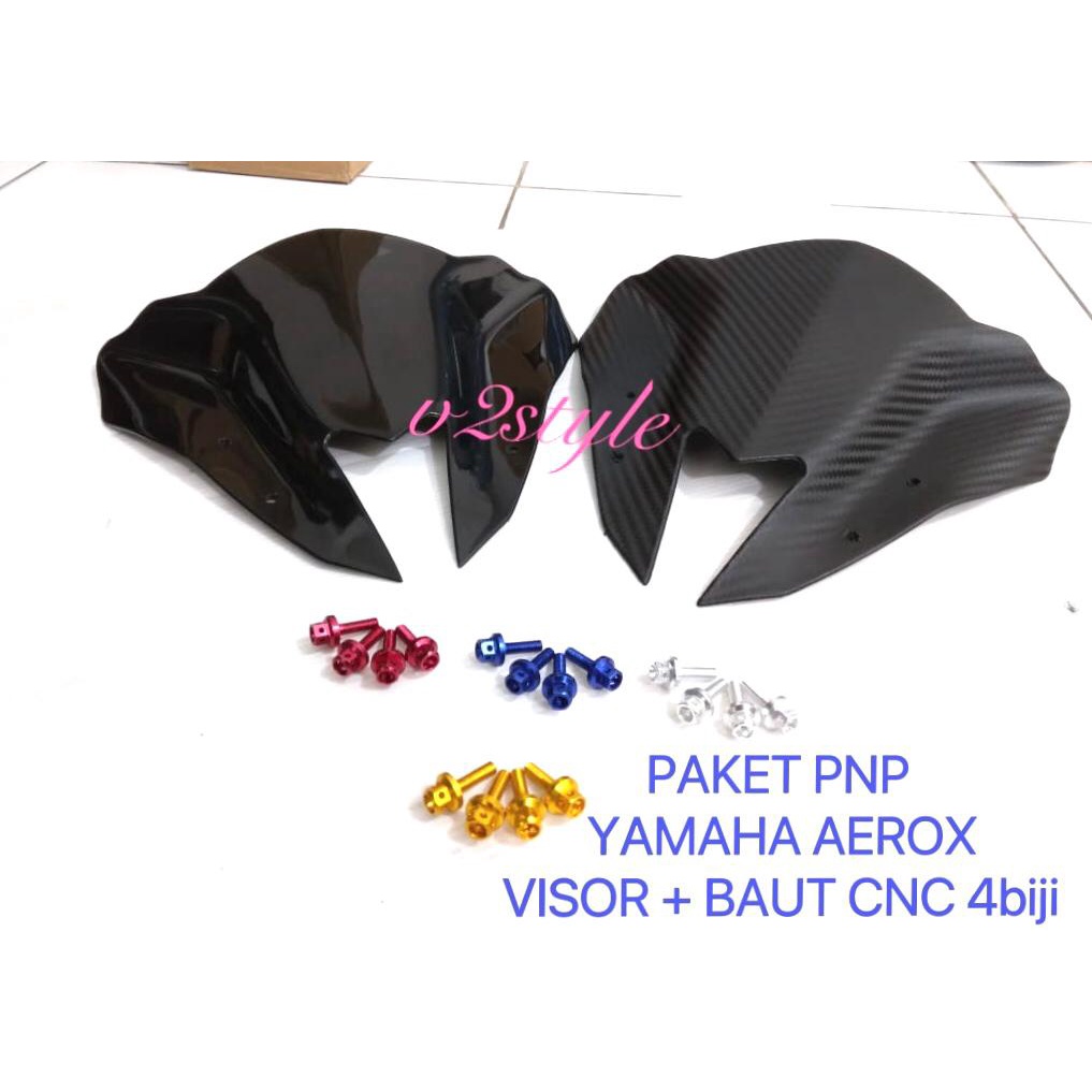 PAKET VISOR AEROX 155 PLUS BAUT VISOR CNC PENDEK 2CM SET 4 BIJI WARNA VARIASI MERAH BIRU GOLD SILVER MERAH SET WINSHIELD YAMAHA AEROX BARU AEROX LAMA AEROX CONNECTED WINSIL AEROX 155 VISOR WINDSHIELD MODEL TRANSFORMER UNTUK AEROX 155 ALL NEW CONNECTED