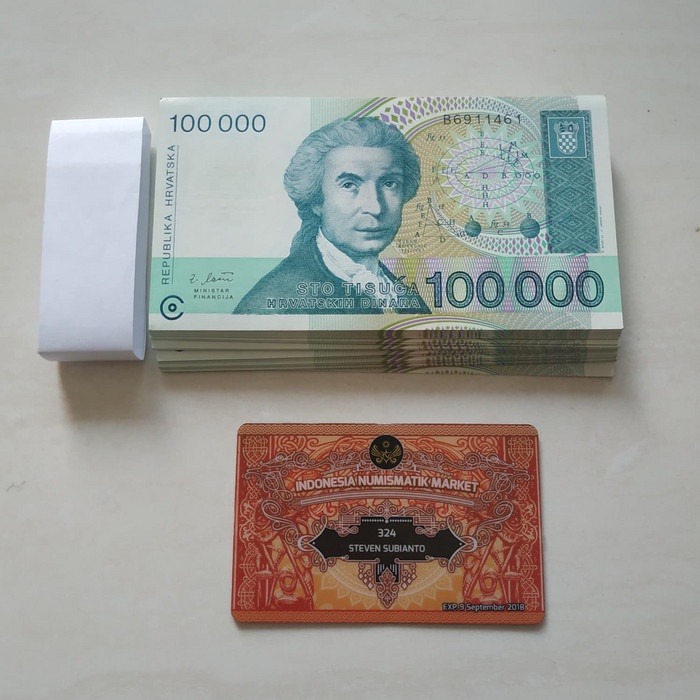 Uang Kuno Kroasia 100000 Dinara th 1993 Original Bundle New