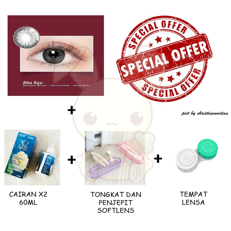 Paket Softlens X2 MAC ( MATA AKU CANTIK ) BIG EYES 16mm (Normal) + X2 60 ml + Penjepit / pinset