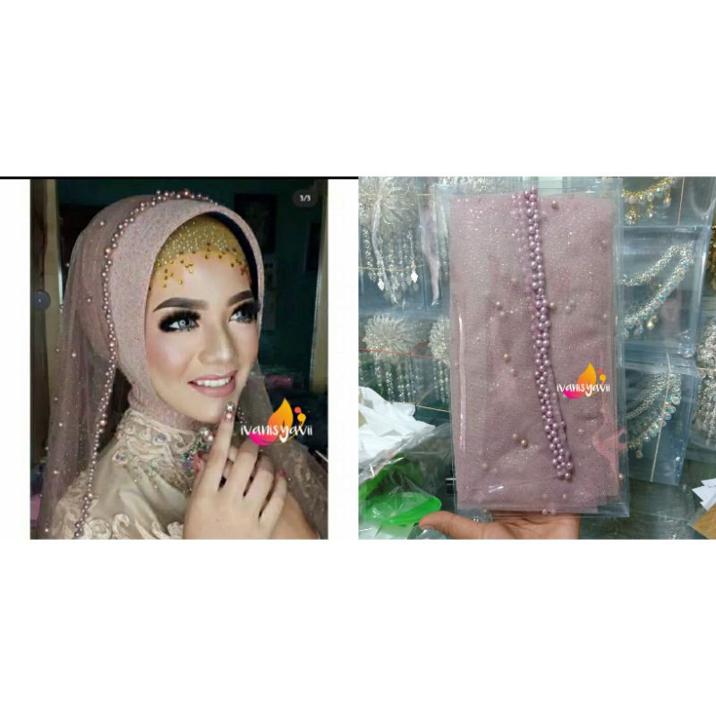 Kerudung pengantin/ veil mutiara gliter/ veil mutiara kombinasi akar/ slayer pengantin