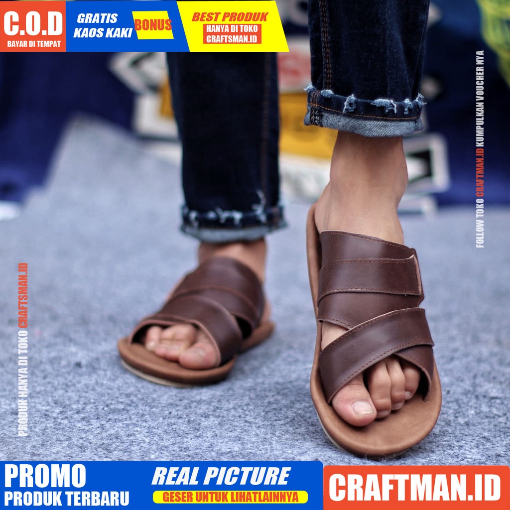 CRAFTS x EXO SANDAL KULIT PRIA BLACK BROWN SENDAL CASUAL PRIA