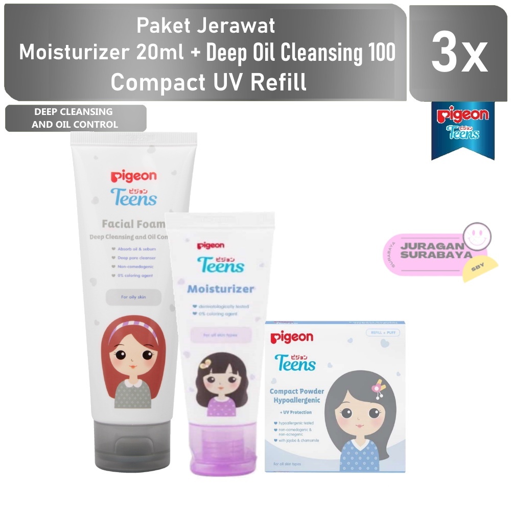 PIGEON Teens Paket 3 Kulit Berminyak ( Deep Oil+Mois+Bedak UV Natural )