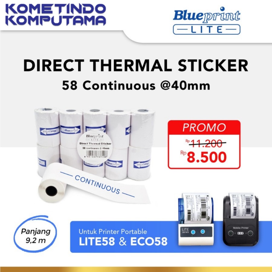 BL-DTS5840CP 9.2m Direct Thermal Sticker 58 Continuous @40mm P 9,2 Meter BLUEPRINT LITE 1 Roll Label Stiker Portable