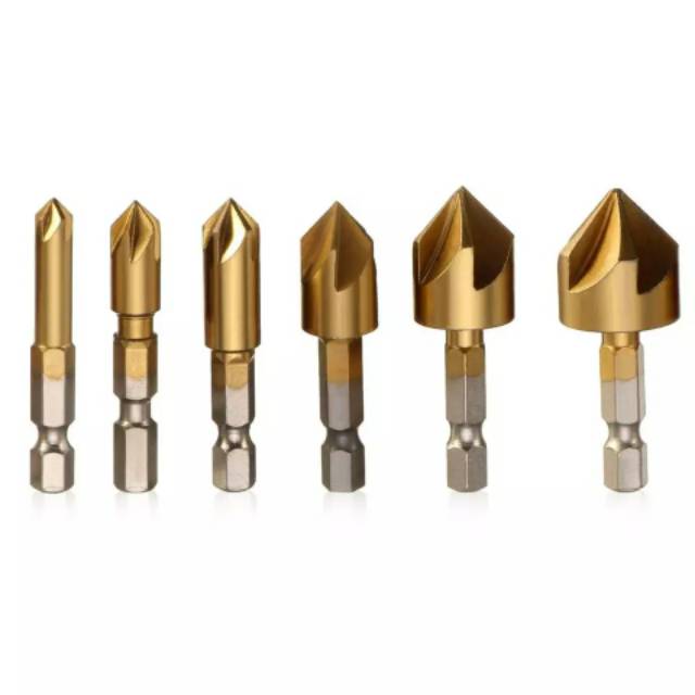 6Pcs Mata Bor Drill Bit 6-19mm Countersink Hex Shank Plat Kayu Alumunium Talang Counter Sink