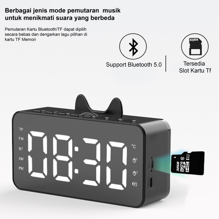 Speaker Bluetooth 5.0 Portable Wireles dan Jam Alarm LED Display
