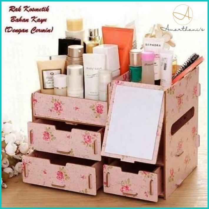 Ac - Rak Kosmetik Kayu Mini + Cermin 3 Susun 3 Tingkat Laci Tempat Wadah Se