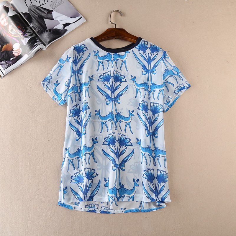 BL08 blouse import tee retro animal blue chiffon kaos lengan pendek