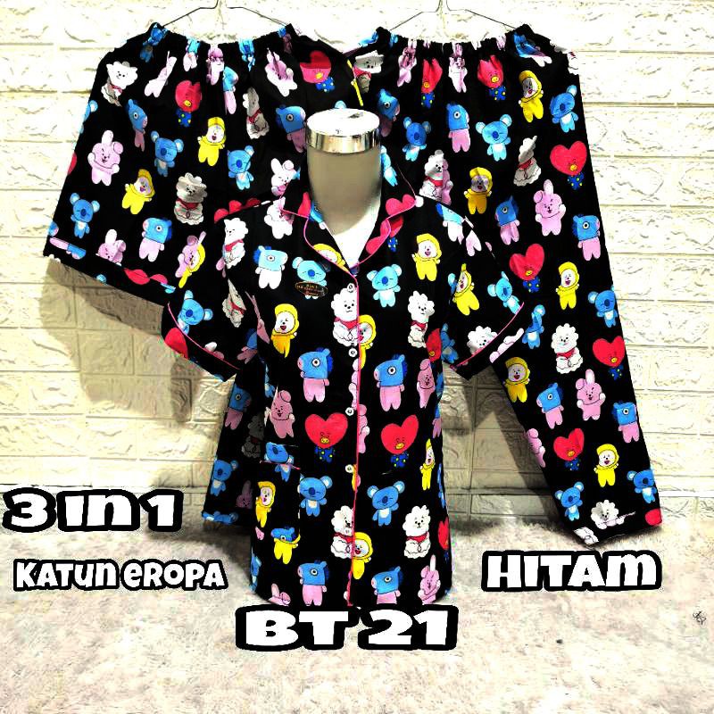PIYAMA 3 IN 1 DEWASA MOTIF BT21/ Baju tidur karakter laris 1baju 2celana/ Allsize Ld104 fit to L/XL