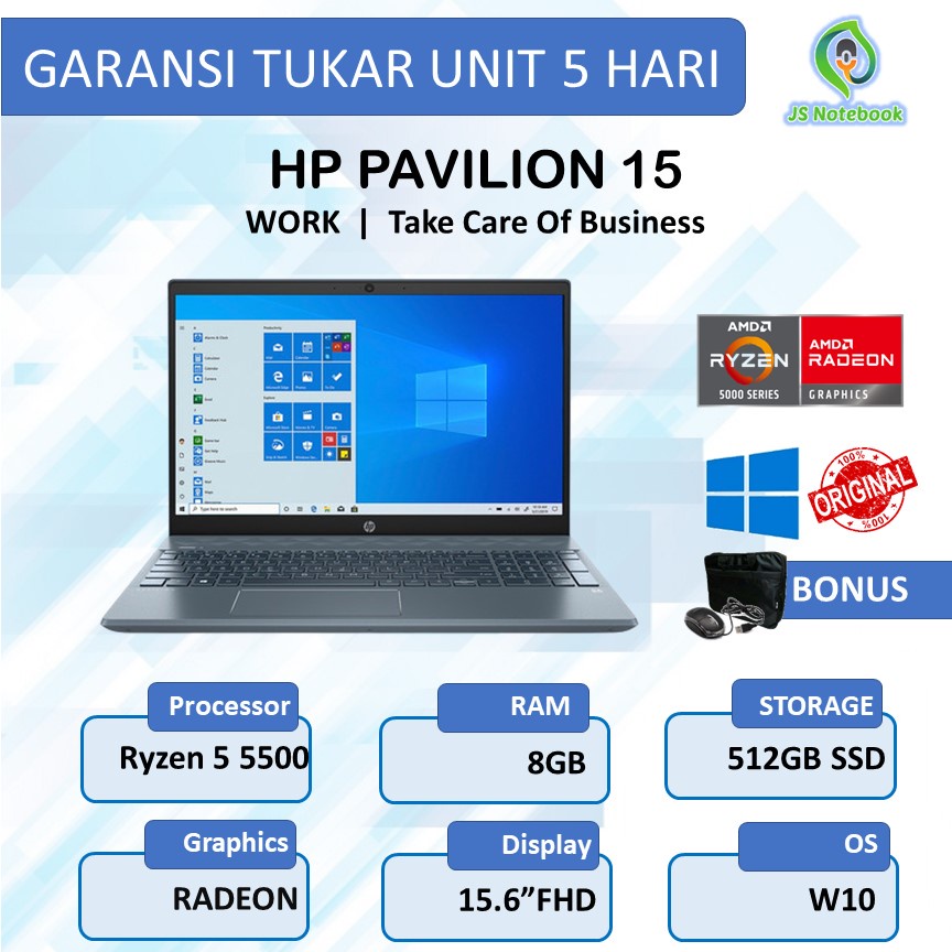 HP PAVILION 15 RYZEN 5 5500 8GB 512SSD VEGA7 W10 15.6FHD IPS
