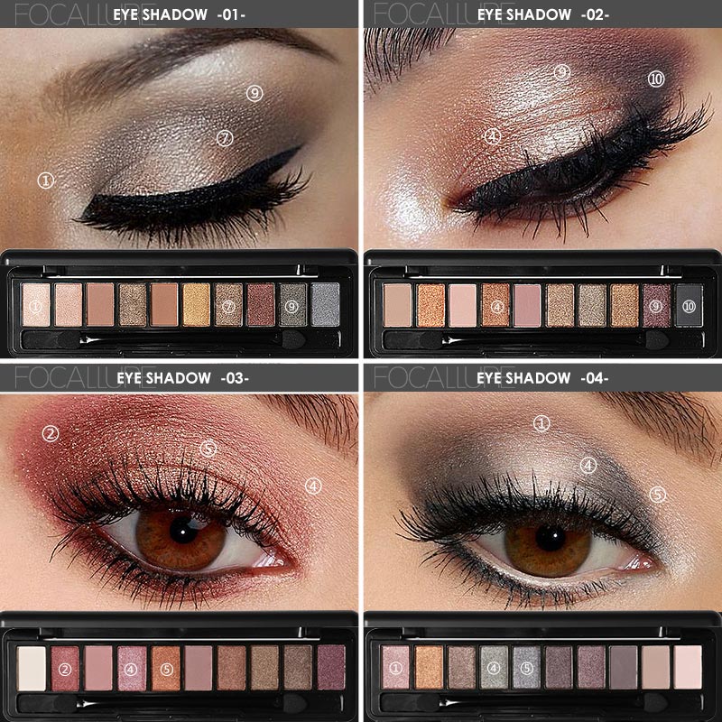 FOCALLURE Eyeshadow Palet 10 colors with Brush Sweatproof Waterproof Makeup FA08