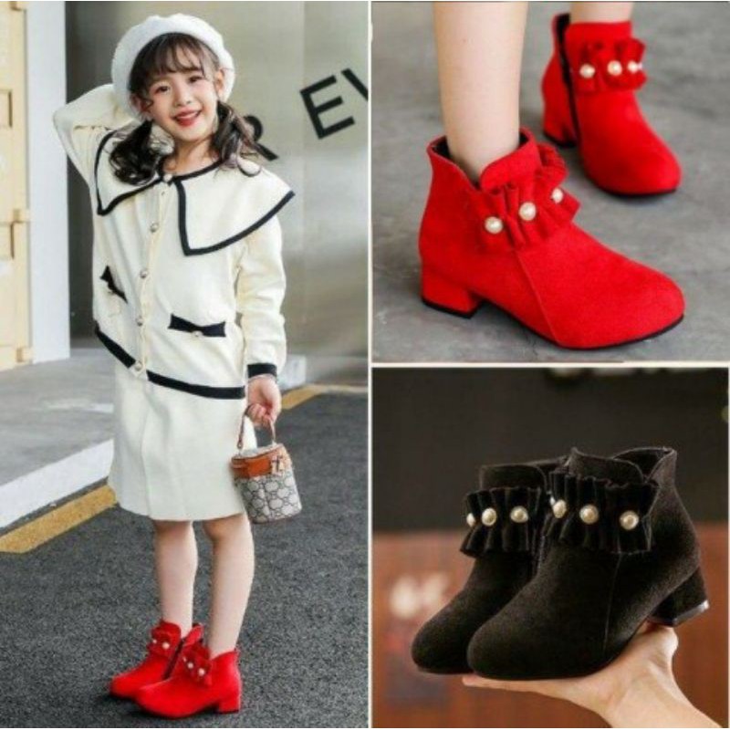 Sepatu Boot Anak Import Ruffle Pearl Mini Wedges Black