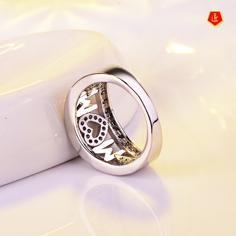 [Ready Stock]Platinum Diamond-Embedded MOM Heart-Shaped Ring Female