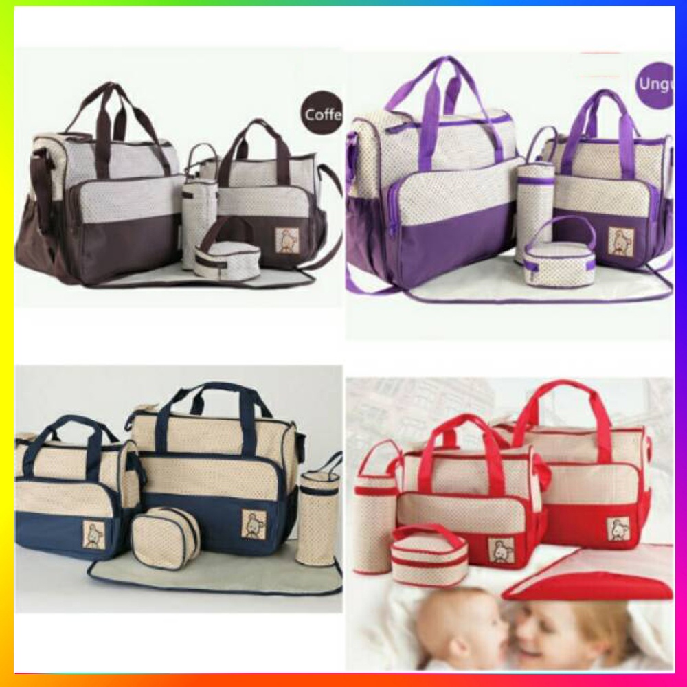 Tas Perlengakapan Bayi 5in1 / 1 Set Tas Bayi 5 in 1 Diaper Baby Bag Set Tas Multifungsi Storage Bag Organizer Organiser Tas Botol Minum Tas Makanan Tas Serbaguna Tas Besar Tas Kecil Popok Bayi Perlak Diapers Mom Bag Food Kado Tas - Warna Acak