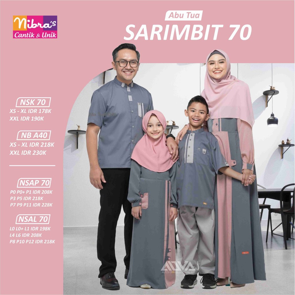 NIBRAS SARIMBIT 70 ABU PINK SERAGAM LEBARAN KELUARGA BAJU COUPLE MUSLIM NBRS TERBARU TOYOBO BISA COD