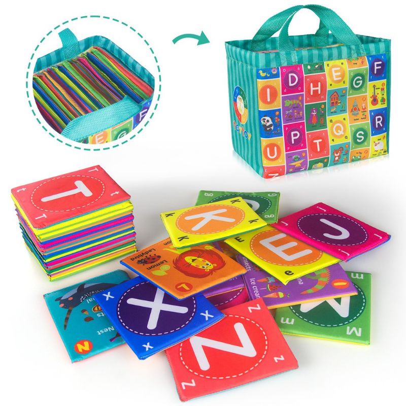 Mainan Edukasi Bayi Soft Flash Card Huruf Kartu Pintar Bahan Kain Alphabet Teytoy Baby Soft Alphabet FlashCards Toys, Baby Early Learning Puzzle Toy ABC with Storage Bag, Washable Soft Cloth Sensory Toy Buku Bantal Kain Bayi Hitam putih Kado Ultah Anak