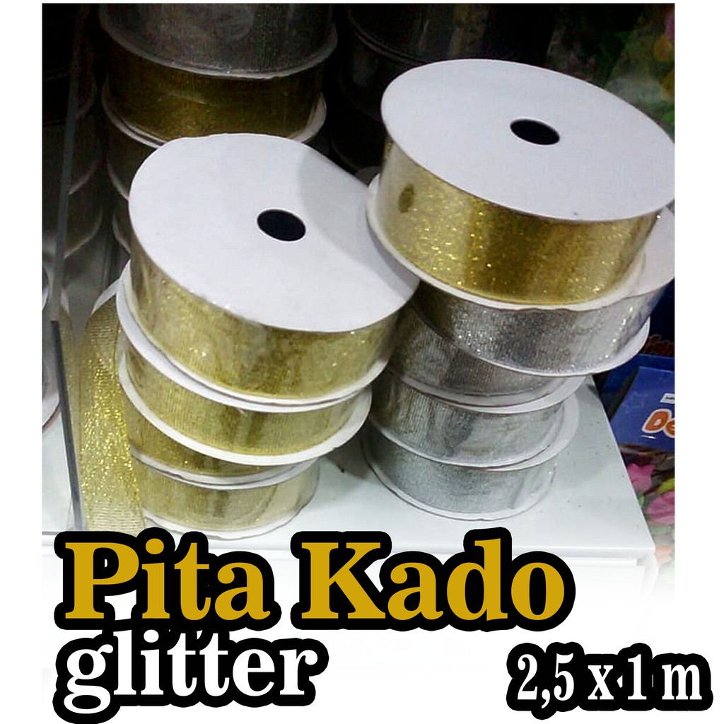 

pita kado murah rolan import glitter motif metal emas