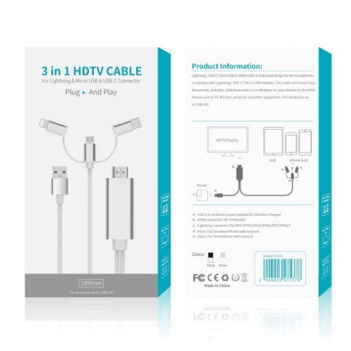 Kabel HDMI  Kabel Vga Kabel Hp ke Leptop 3 in 1 Micro Usb Type C Lightning HDTV Cable Android  Tablet Screen Mirroring