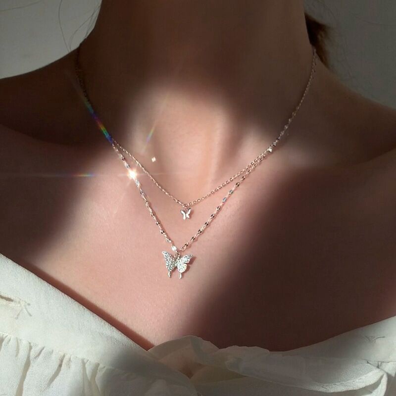 925 Sterling Silver Shiny CZ Butterfly Necklace For Women Dainty Double Layer Clavicle Chain Necklace Jewelry