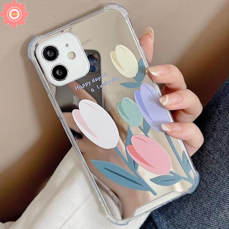 Soft Case Tpu Motif Bunga Tulip Dengan Cermin Untuk IPhone 12 13 11 Pro Max 7 8 11 7Plus 8Plus X XS Max XR SE 2020