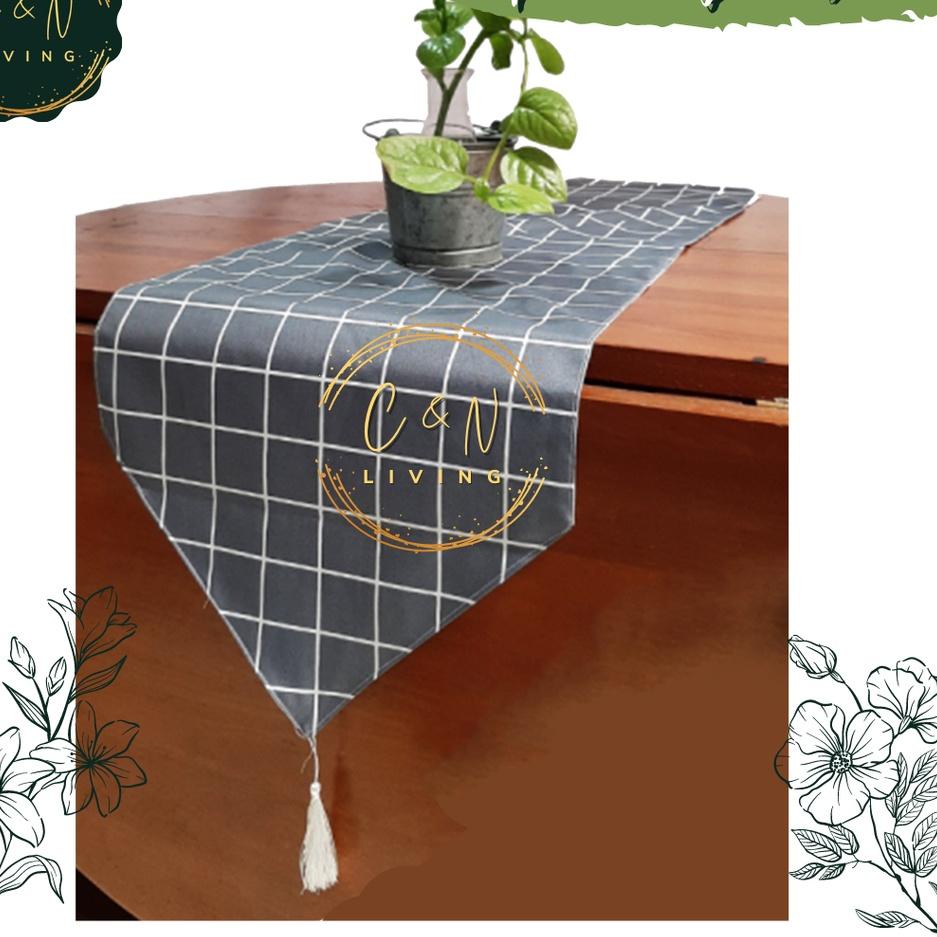 VAD TAPLAK MEJA RUANG TAMU PERSEGI PANJANG MINIMALIS TABLE RUNNER RUMBAI MOTIF KOTAK AESTHETIC KEKIN