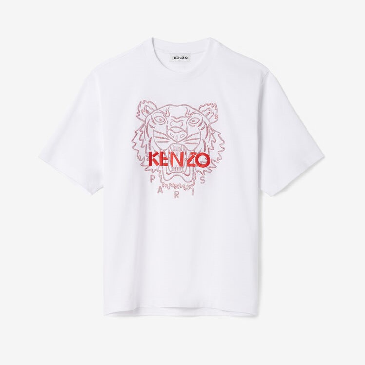 Knzo Men Embroidered Tiger Tee White/Red 100% Authentic