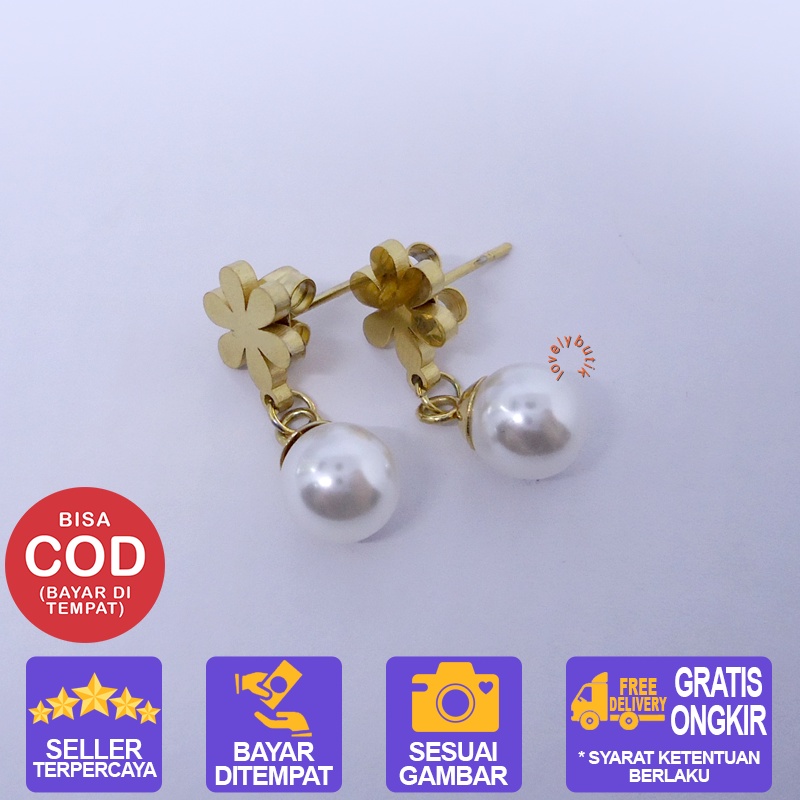 Lovelybutik - Anting Titanium Wanita Anti Karat  Love Flower Anting Tindik Titanium Wanita Gandulan Mutiara BONUS KOTA PERHIASAN [Emas]