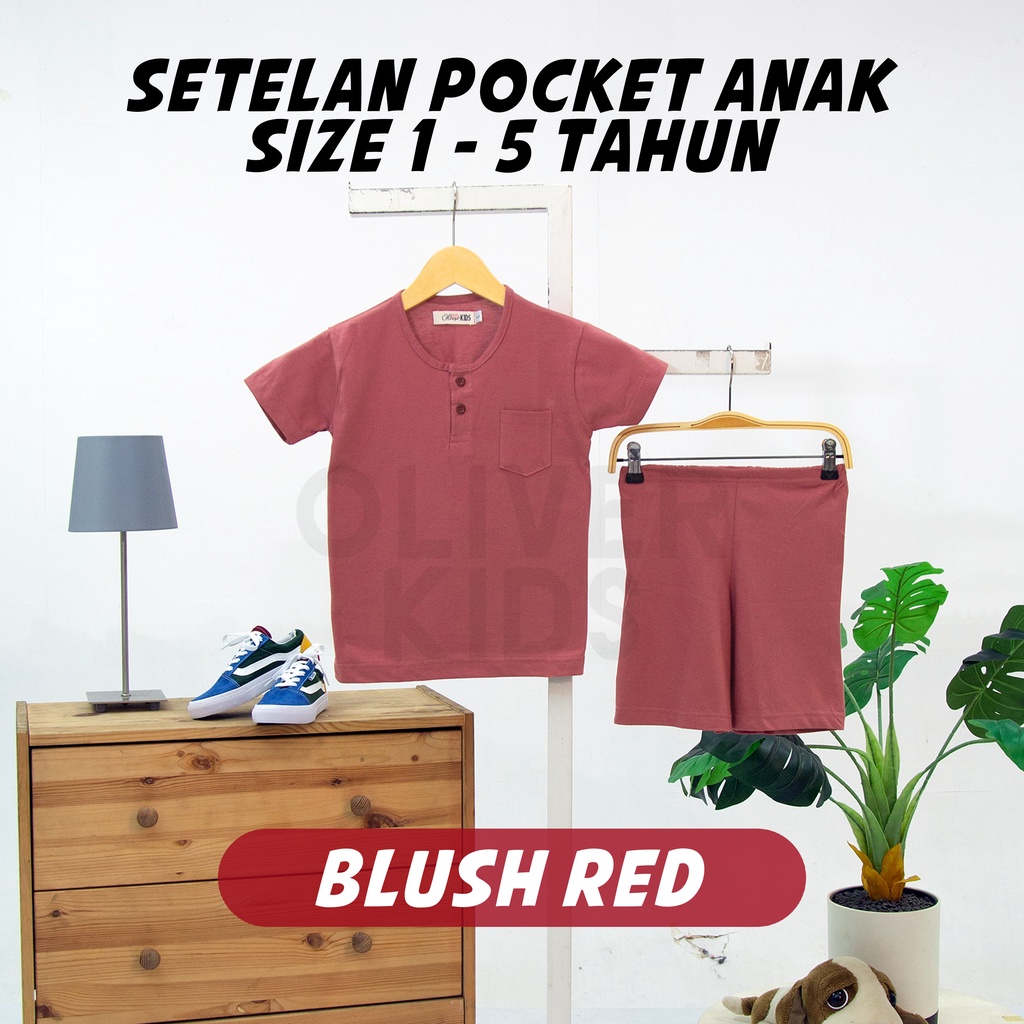 OliverKids Setelan Anak 1-5 Tahun Setelan Kiano Pocket Anak Celana Jogger Dan Baju Anak Polos Katun Combed One Set Henley Tee Setelan Pantai Anak-pocket blush red