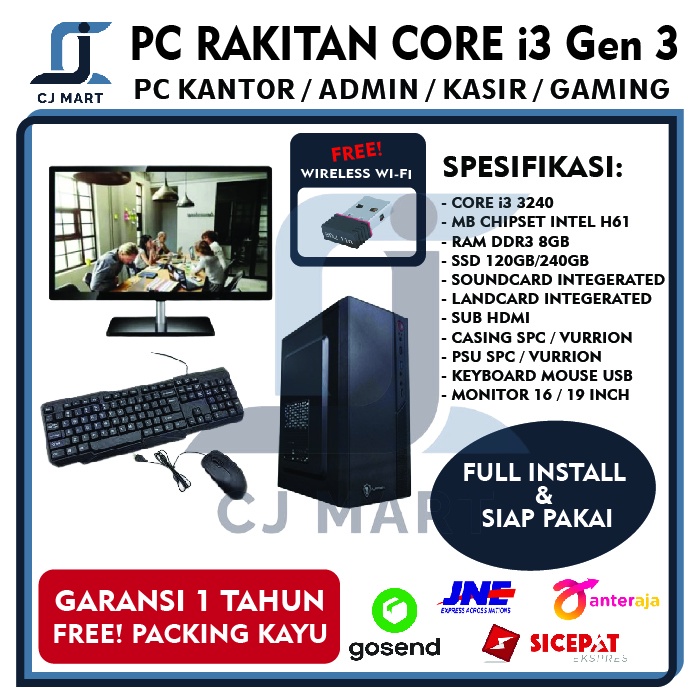 PC RAKITAN CORE I3 GEN 3 / SSD / PC KERJA KANTOR ADMIN SEKOLAH ZOOM