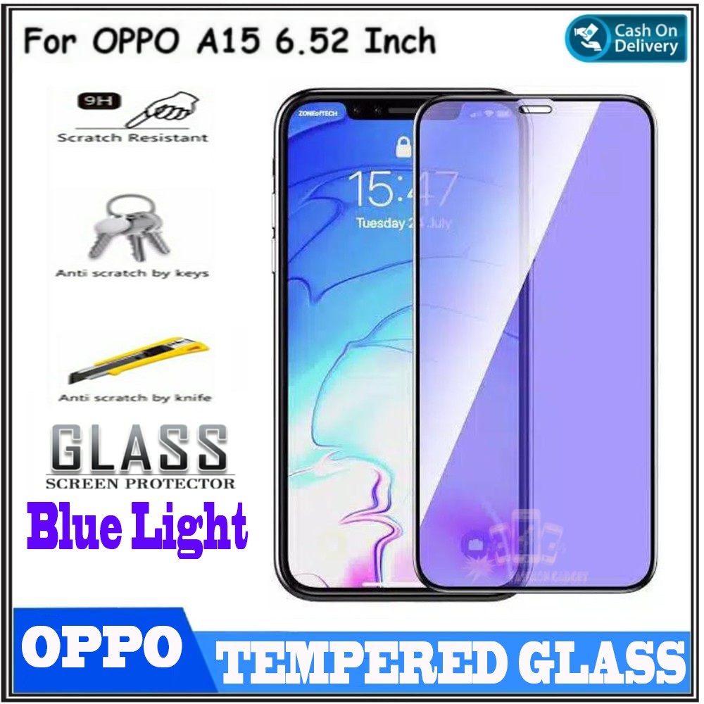 Tempered Glass Oppo A15 Full Blue Light Anti Radiasi Tempered Glass Full Black Anti Gores