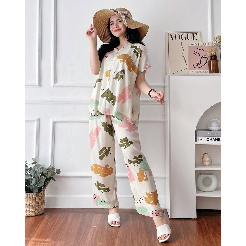 Aisha Set Piyama Rayon Motif Celana Panjang Babydoll One Set Wanita Busui Kekinian - RL
