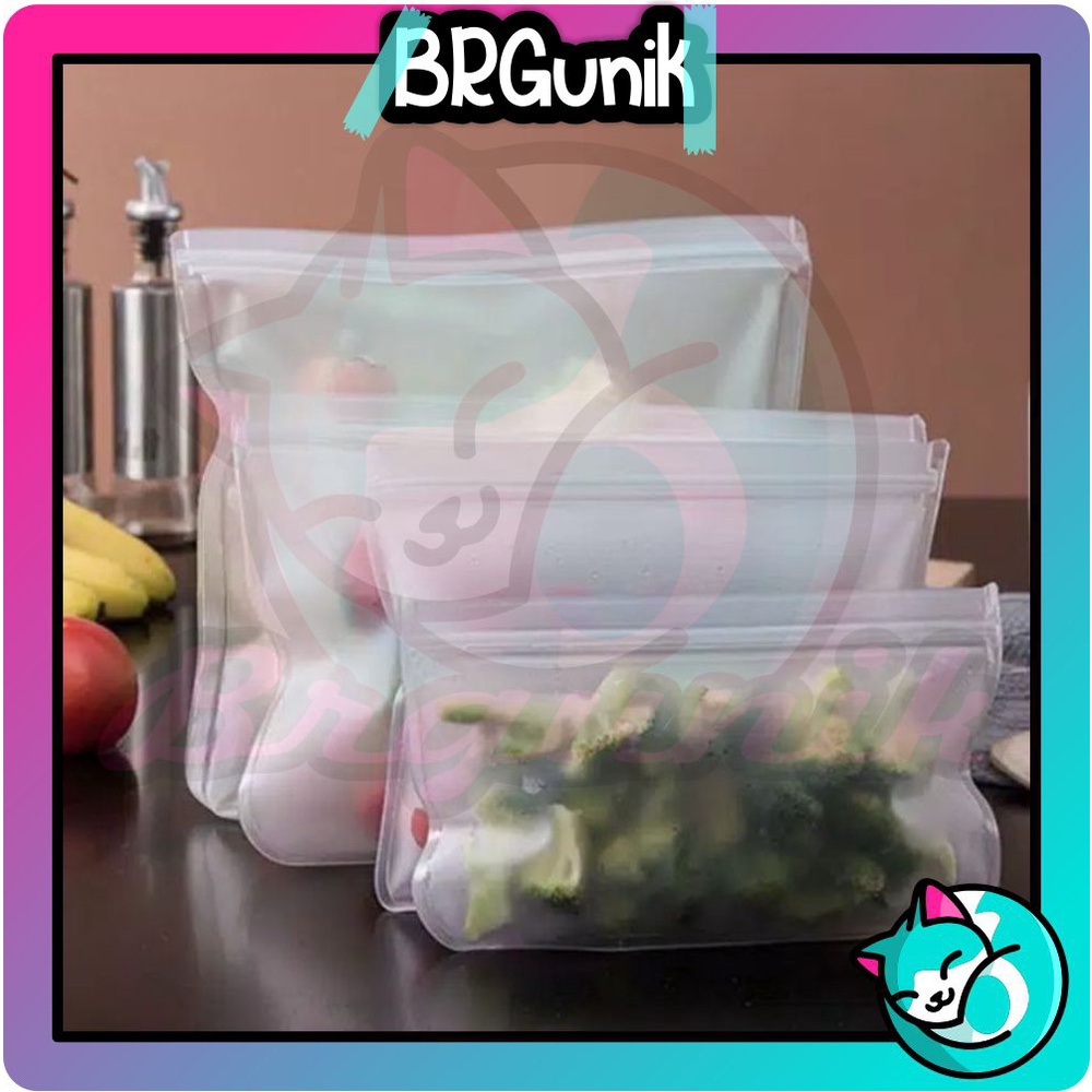 BRGUNIK Reusable Ziplock Silicone Silikon Pouch Bag Tas Penyimpanan Makanan Kedap Udara Anti Bocor Fridge Organizer R465