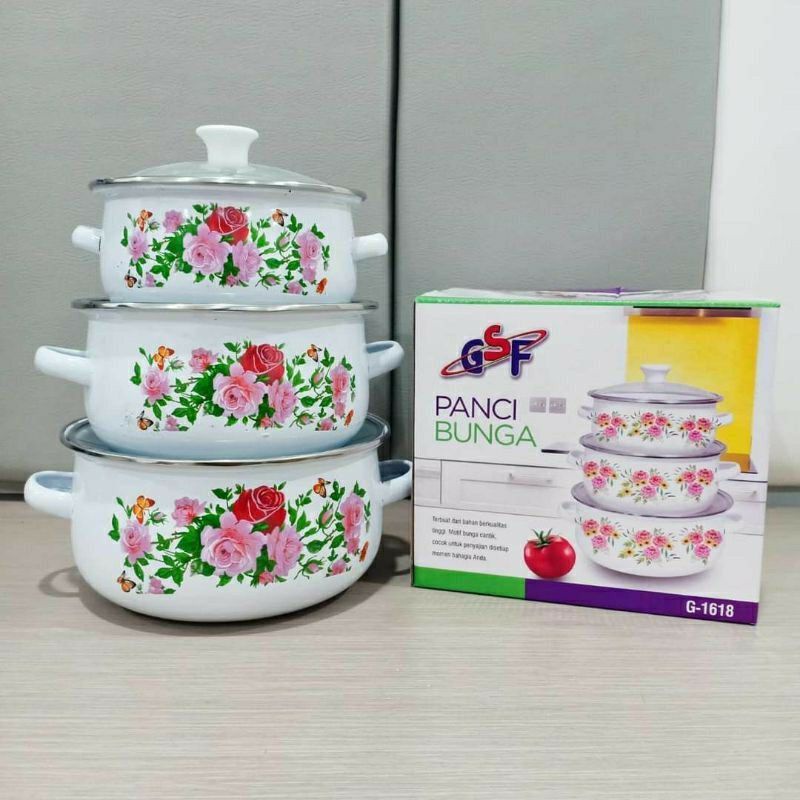 Panci Bunga Set 3 Pcs Dengan Tutup Kaca | Panci Set GSF Motif Bunga Panci Set Tutup Kaca Panci Beran
