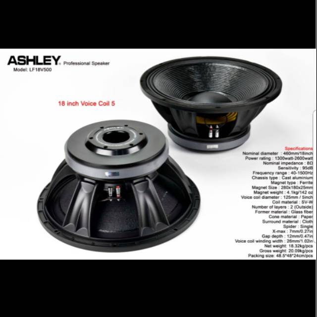 SPEAKER KOMPONEN ASHLEY LF18V500/LF 18V500 18 INCI COIL 5IN 2600 WATT ORIGINAL