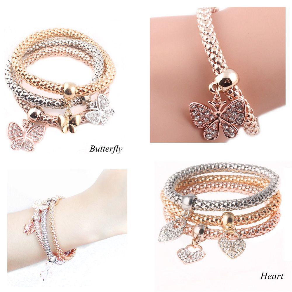 Preva 3Pcs /set Multilayer Charm Gelang Fashion Perak Emas Rose Gold Chic Kupu/ Liontin Hati