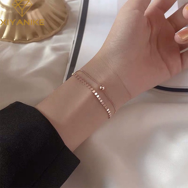 Gelang Double Layer Bahan Tembaga Warna Rose Gold Tahan Karat Untuk Wanita