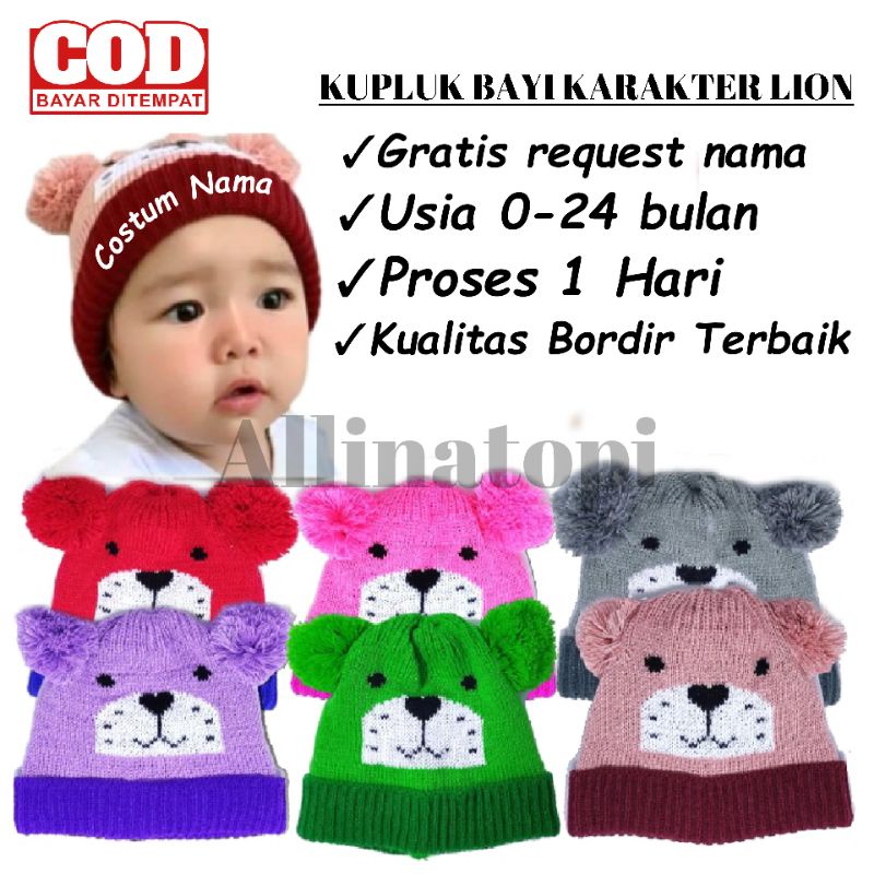 Kupluk Bayi Pompom Karakter Lion Free Bordir Nama Kupluk Bayi Request nama Sendiri