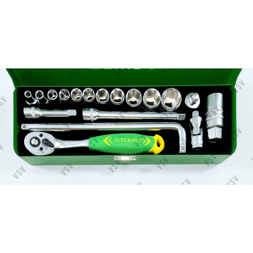 Tekiro Kunci sok set Box KALENG 18pcs 6-22mm 6PT Hand Socket Set Kunci Shock Sock BOX KALENG