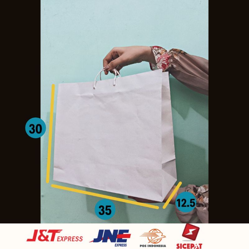 

TAS KERTAS PUTIH/ PAPER BAG DISTRO TOKO BAJU SUPER TEBAL P 35 X L 12,5 X T 30