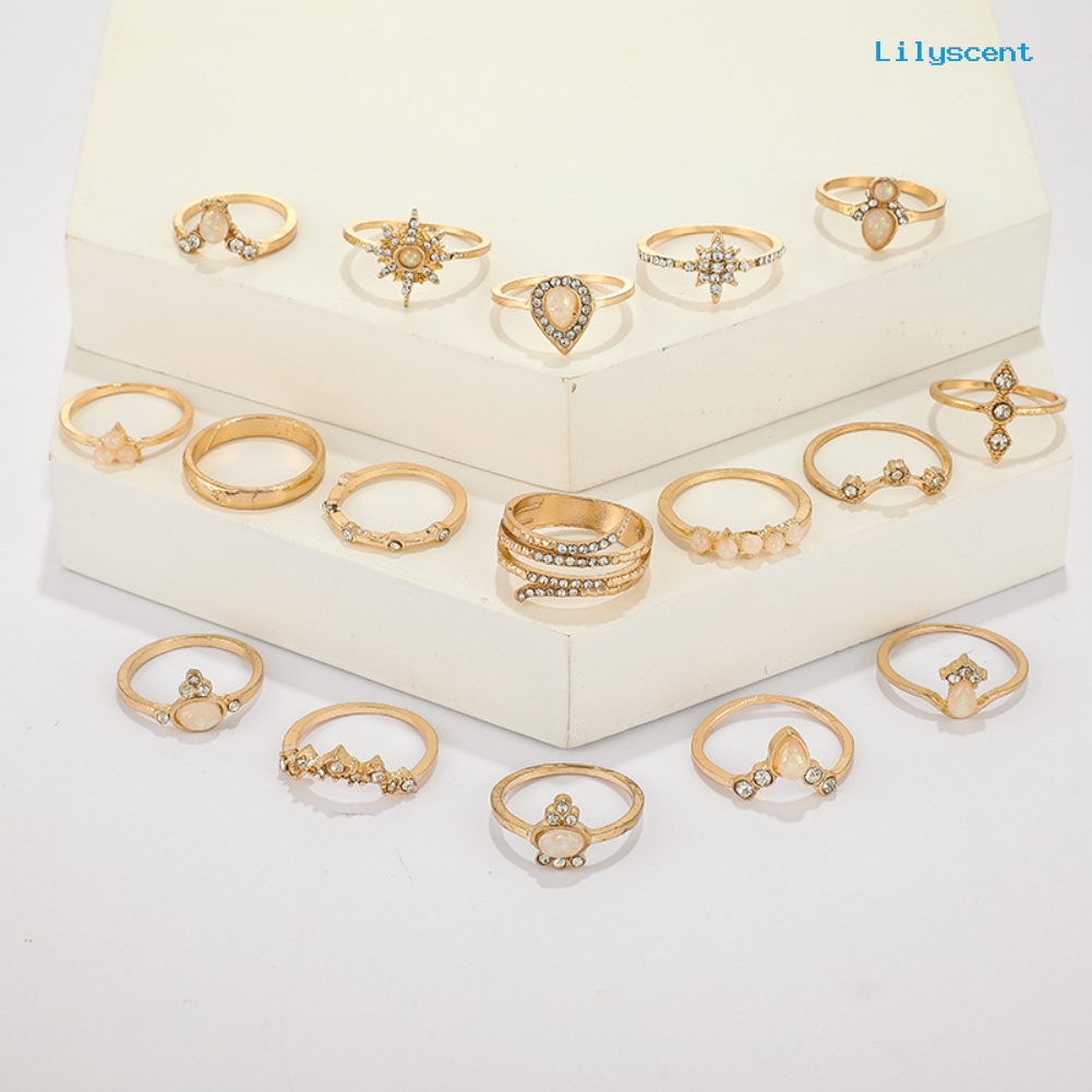 17pcs / Set Cincin Jari Bentuk Bunga Aksen Berlian Imitasi Gaya Bohemian Untuk Wanita