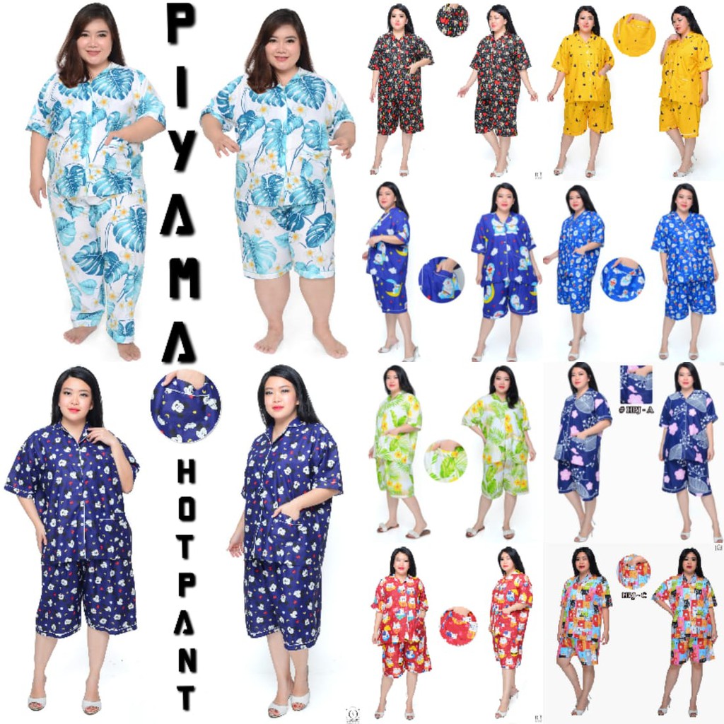 BAJU TIDUR JUMBO HOTPANTS WANITA CELANA PENDEK SETELAN BAJU TIDUR LENGAN BIG SIZE LD 120