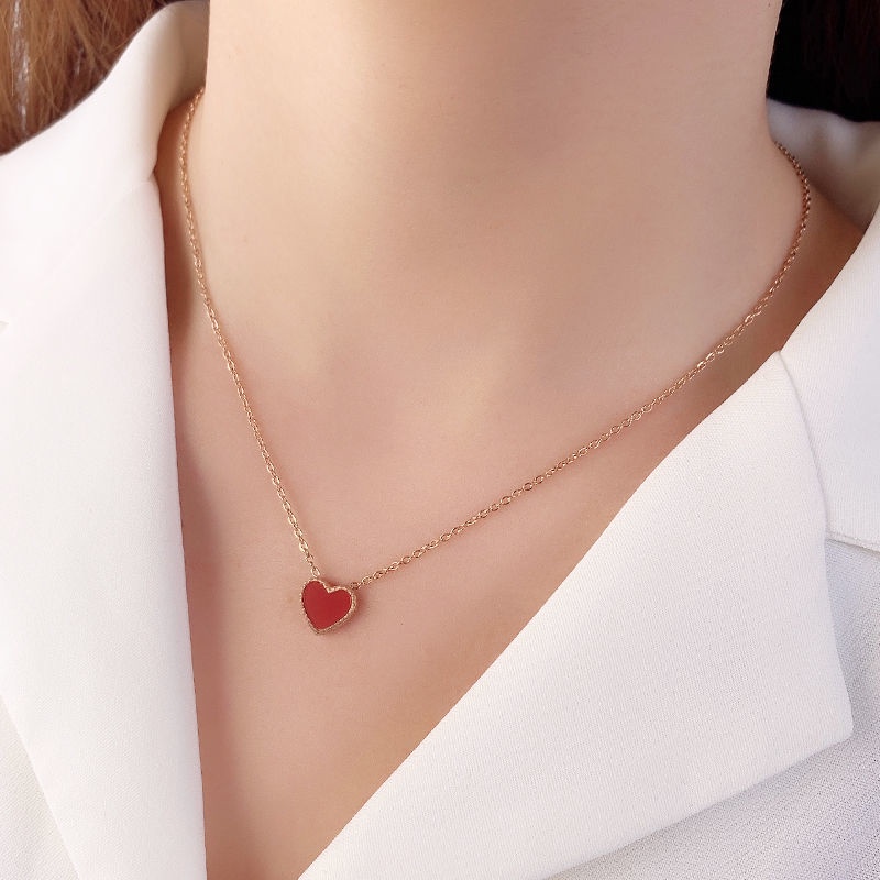 kalung titanium anti karat Wanita Hitam Merah Dua Sisi simple Hati Liontin necklace Aksesoris Korea