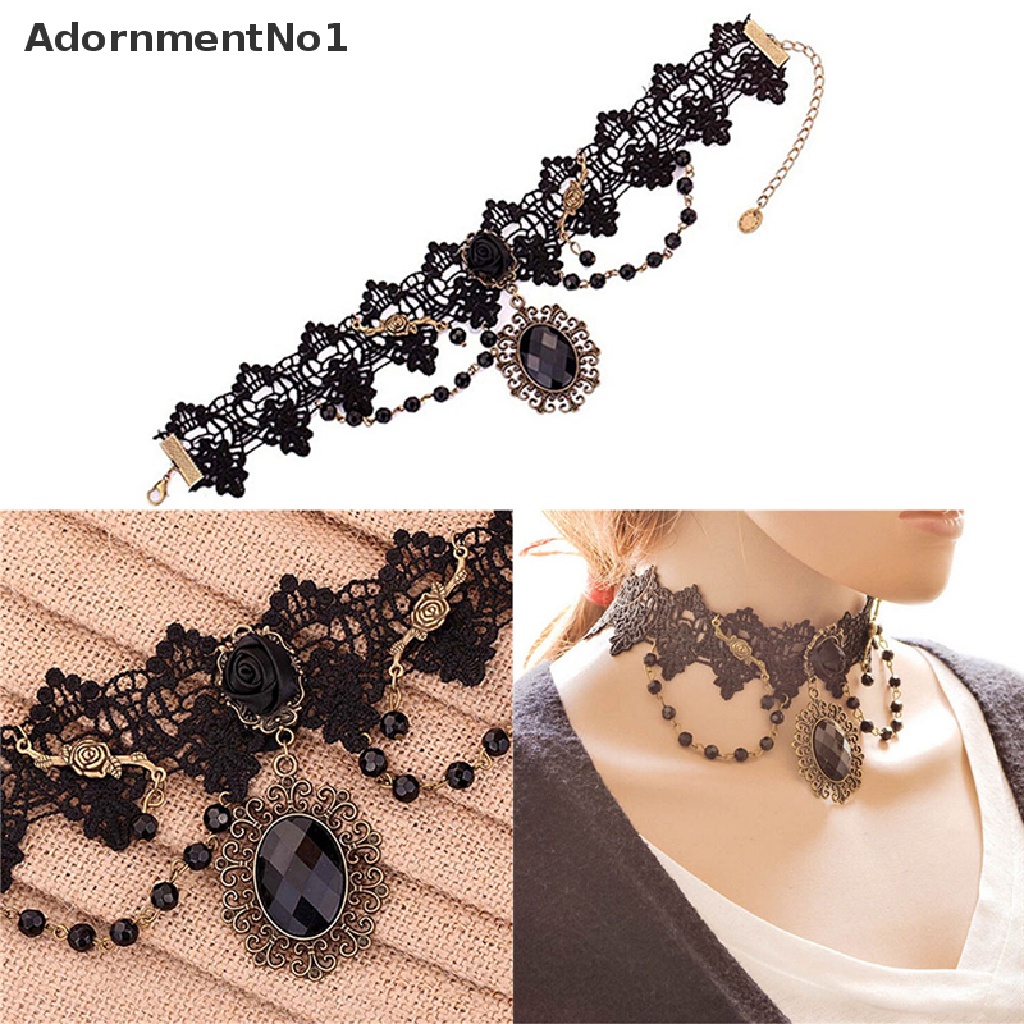 (AdornmentNo1) Kalung Choker Lace Bunga Mawar Hitam Gaya Gothic Untuk Wanita