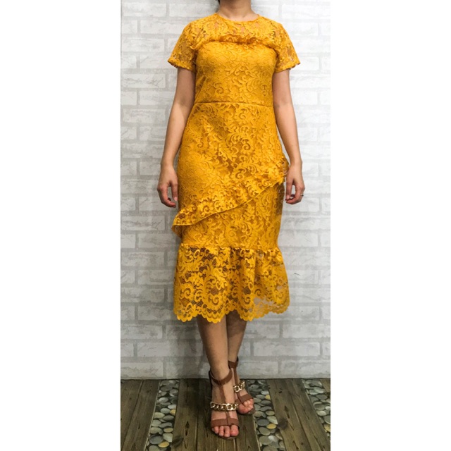 Dress Brokat/Brukat Import Bangkok Duyung Lengan Pendek Putih Kuning Mustard Navy