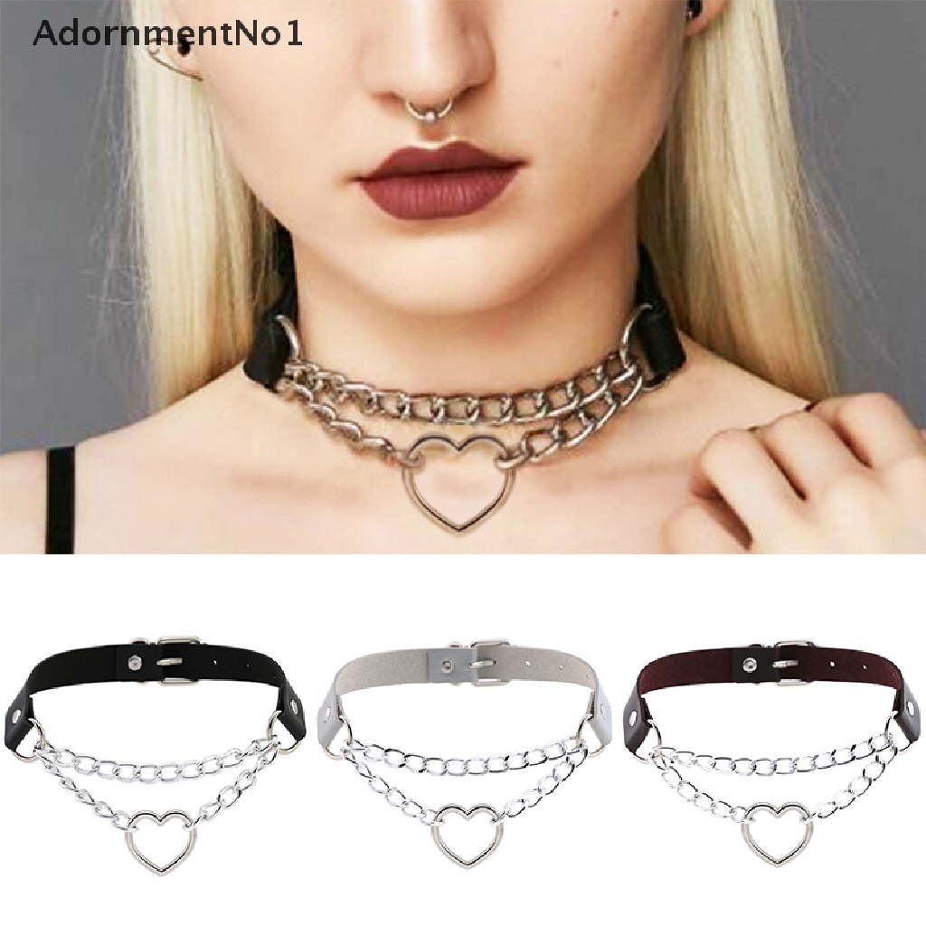 (AdornmentNo1) Kalung Choker Bahan Kulit Imitasi Dengan Liontin Bentuk Hati Model Gothic / Punk Untuk Wanita