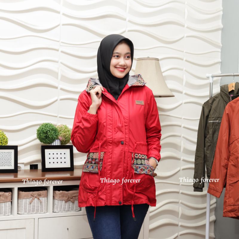 Jaket Parka Etnik Songket Merah Waterproof By Thiago