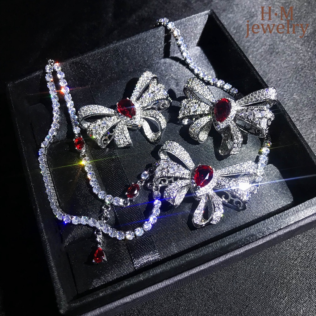 Kalung Rantai Silver S925 Wanita Liontin Pita Kupukupu Hias Berlian Merah Butterfly